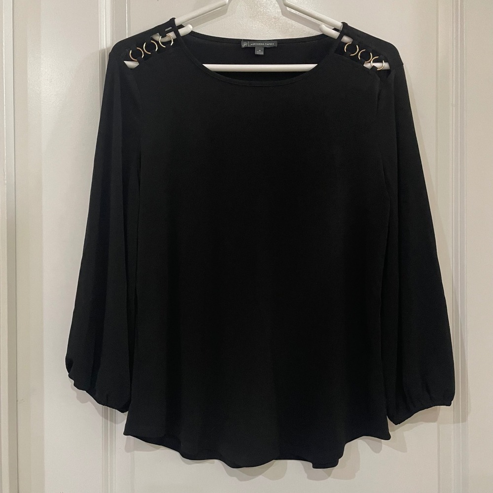 Adrianna Papell Black Long Sleeve Cutout Ring Shoulder Blouse Top Womens M